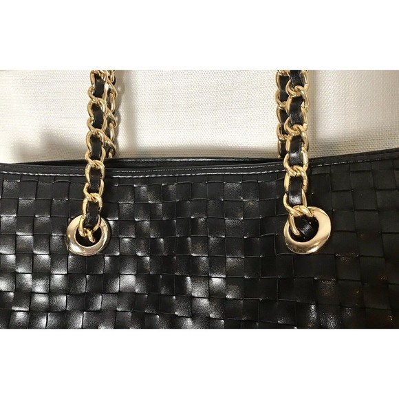 Joan Rivers Slouchy Black Faux Leather Woven Tote Shoulder Bag Gold Chain Strap - Picture 3 of 9